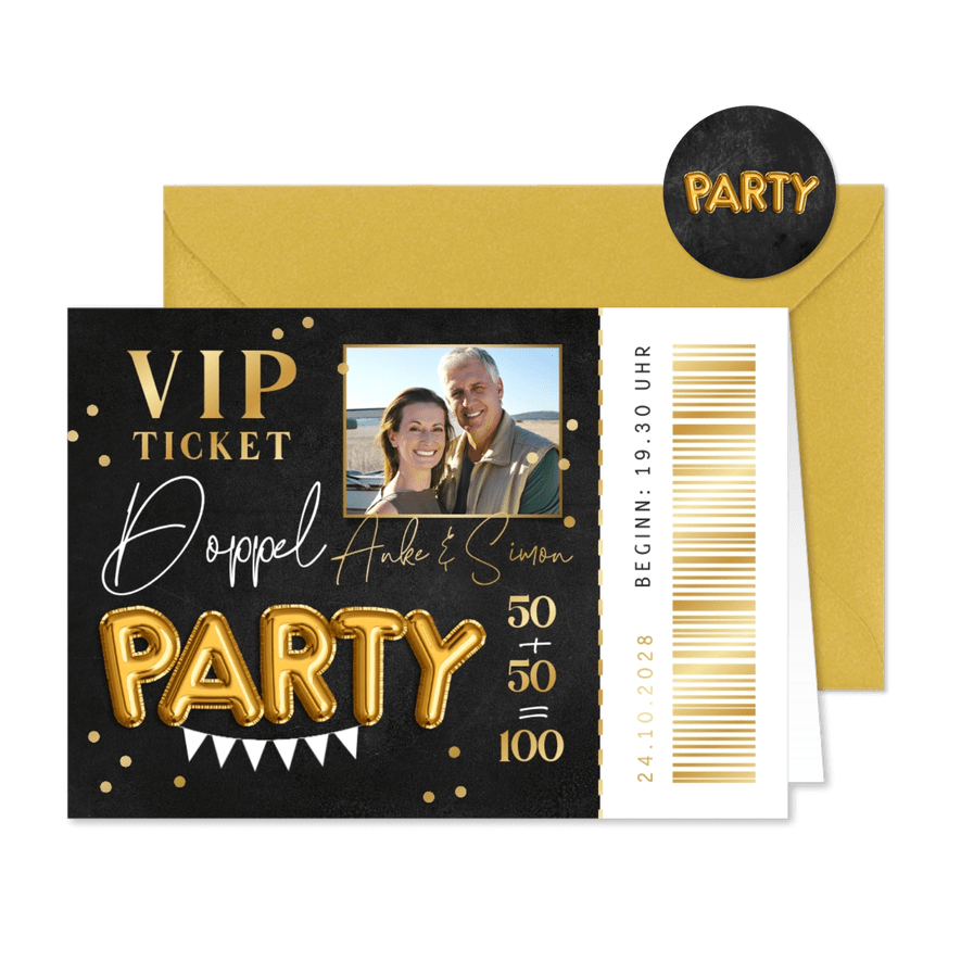 Einladung Doppelgeburtstag VIP-Partyticket gold - Karteneindruck