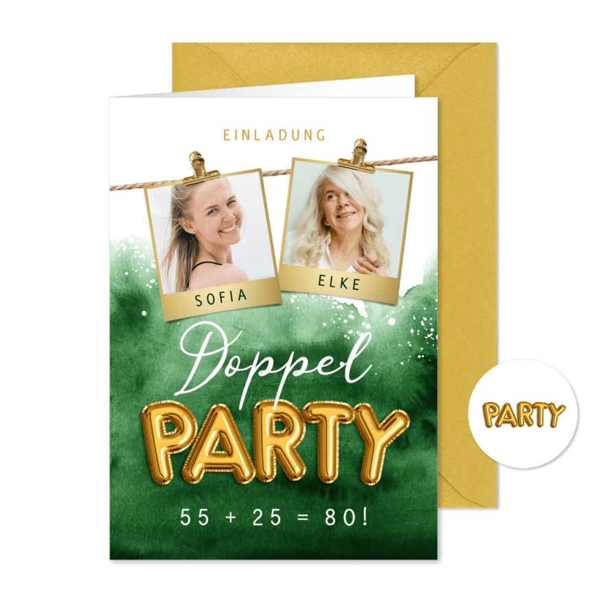 Einladung Doppelparty eigene Fotos & Goldballons - Karteneindruck