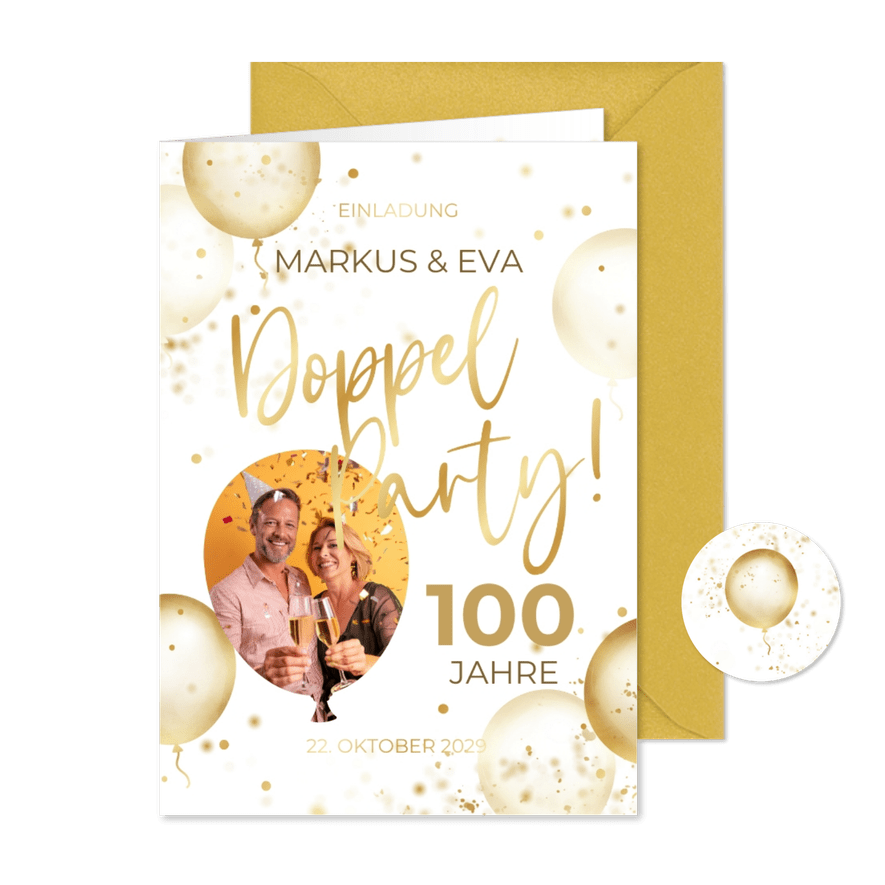 Einladung Doppelparty Foto, Luftballons & Gold - Karteneindruck