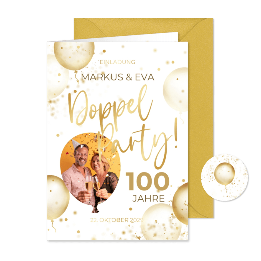 Einladung Doppelparty Foto, Luftballons & Gold - Karteneindruck