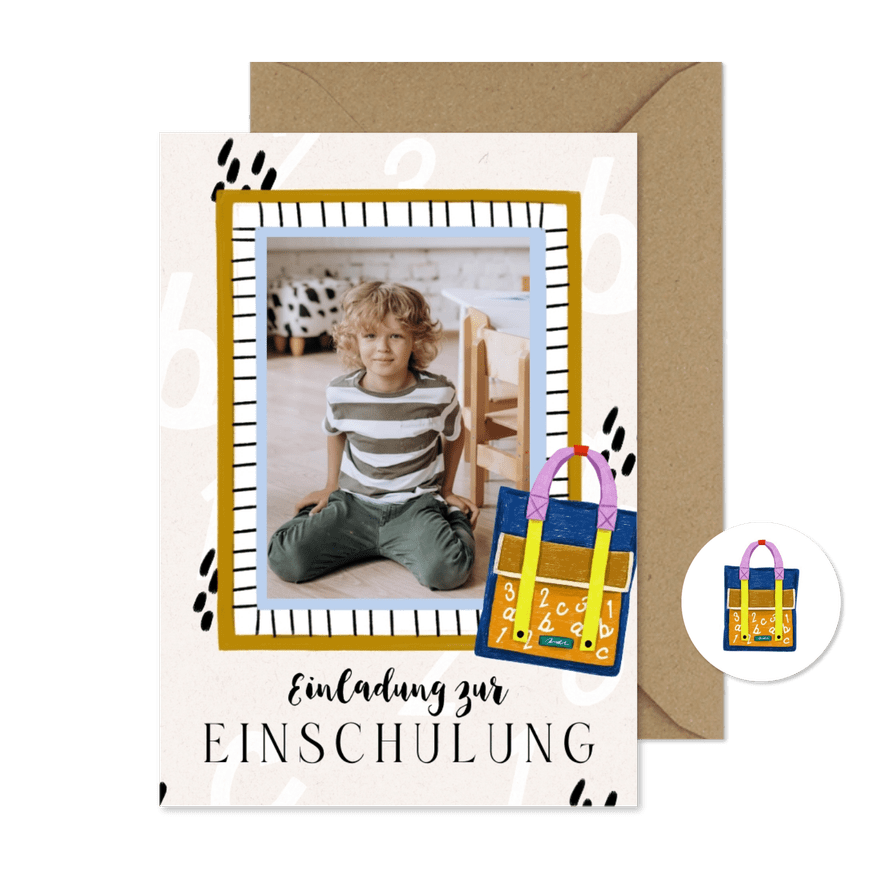 Einladung Einschulung Foto, blauer Rahmen & Schultasche - Karteneindruck