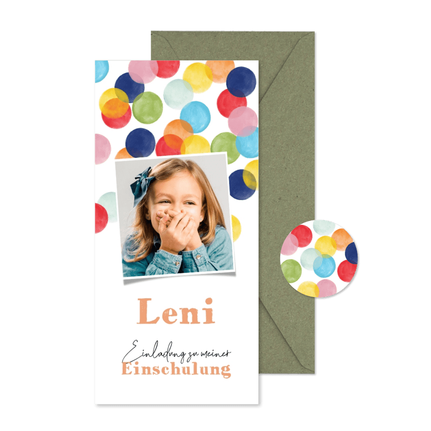 Einladung Einschulung Foto & bunte Konfetti - Karteneindruck
