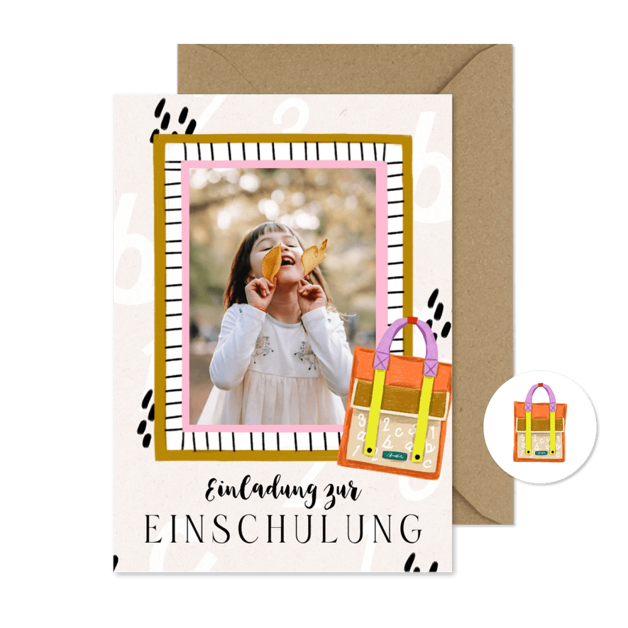 Einladung Einschulung Foto, rosa Rahmen & Schultasche - Karteneindruck