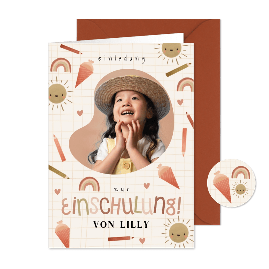 Einladung Einschulung Foto & kleine Symbole rostbraun - Karteneindruck
