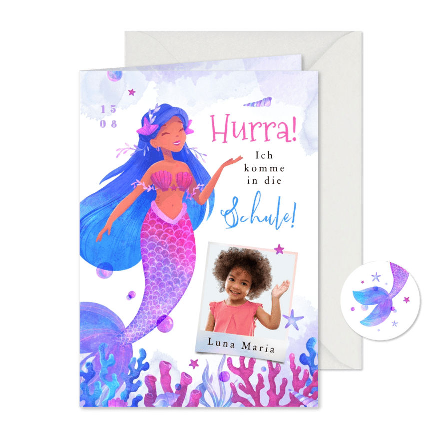 Einladung Einschulung Foto & Mermaid - Karteneindruck