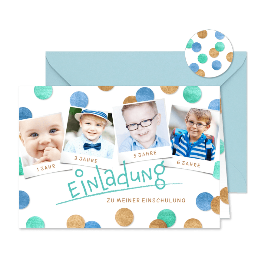 Einladung Einschulung Fotocollage & Konfetti blau - Karteneindruck