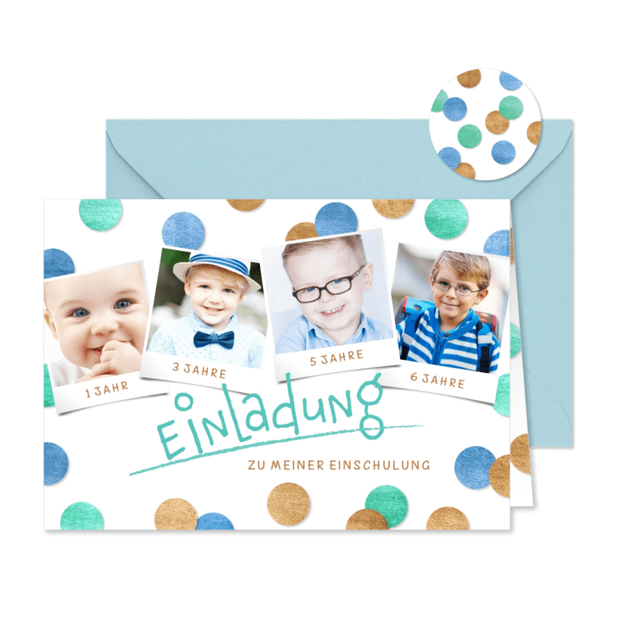 Einladung Einschulung Fotocollage & Konfetti blau - Karteneindruck
