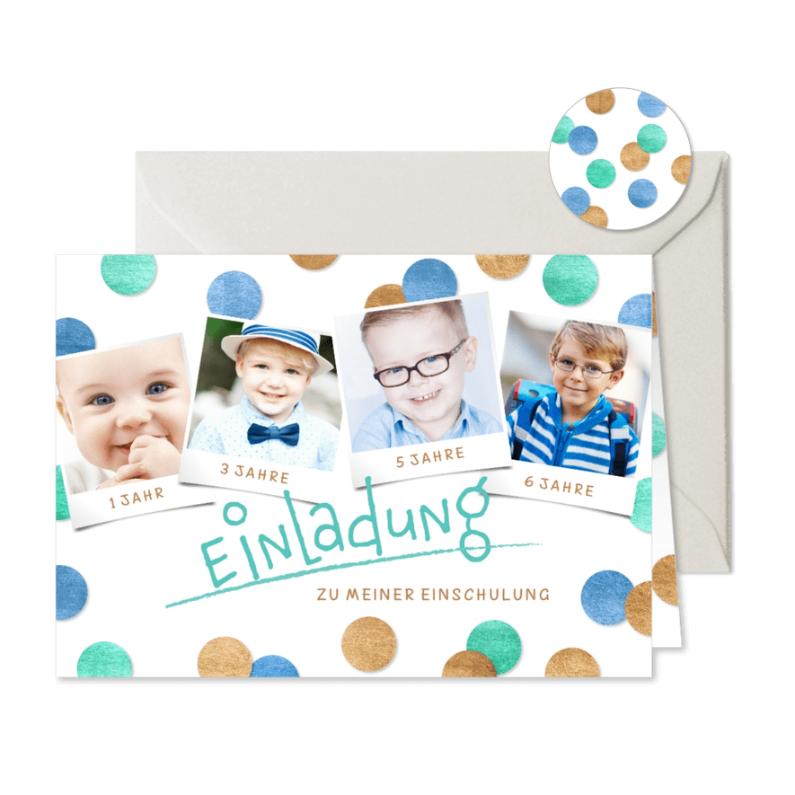 Einladung Einschulung Fotocollage & Konfetti blau - Karteneindruck
