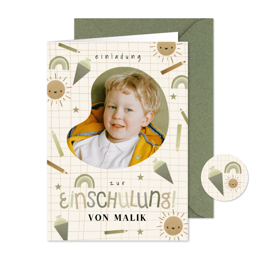 Einladung Einschulung kleine Symbole olivgrün & Foto - Karteneindruck