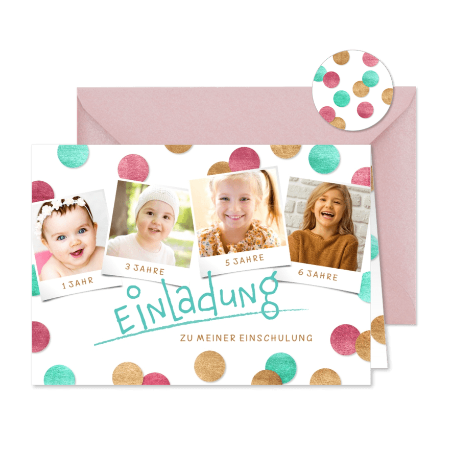 Einladung Einschulung Konfetti & Fotocollage pink - Karteneindruck