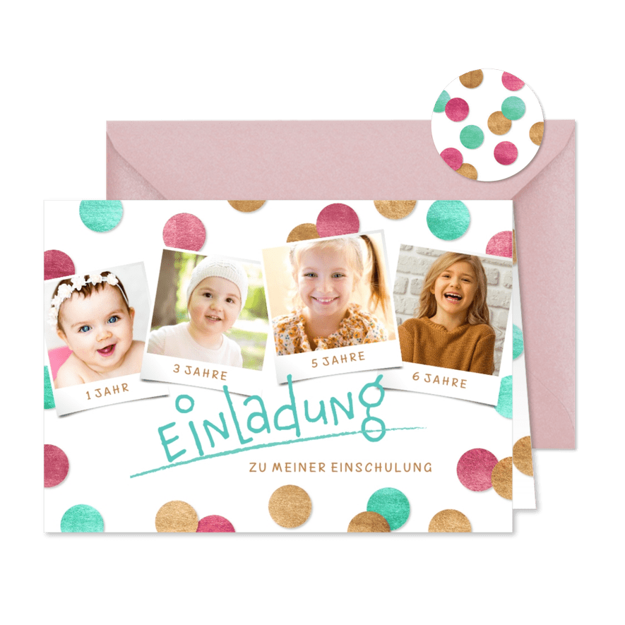 Einladung Einschulung Konfetti & Fotocollage pink - Kartenvorschau
