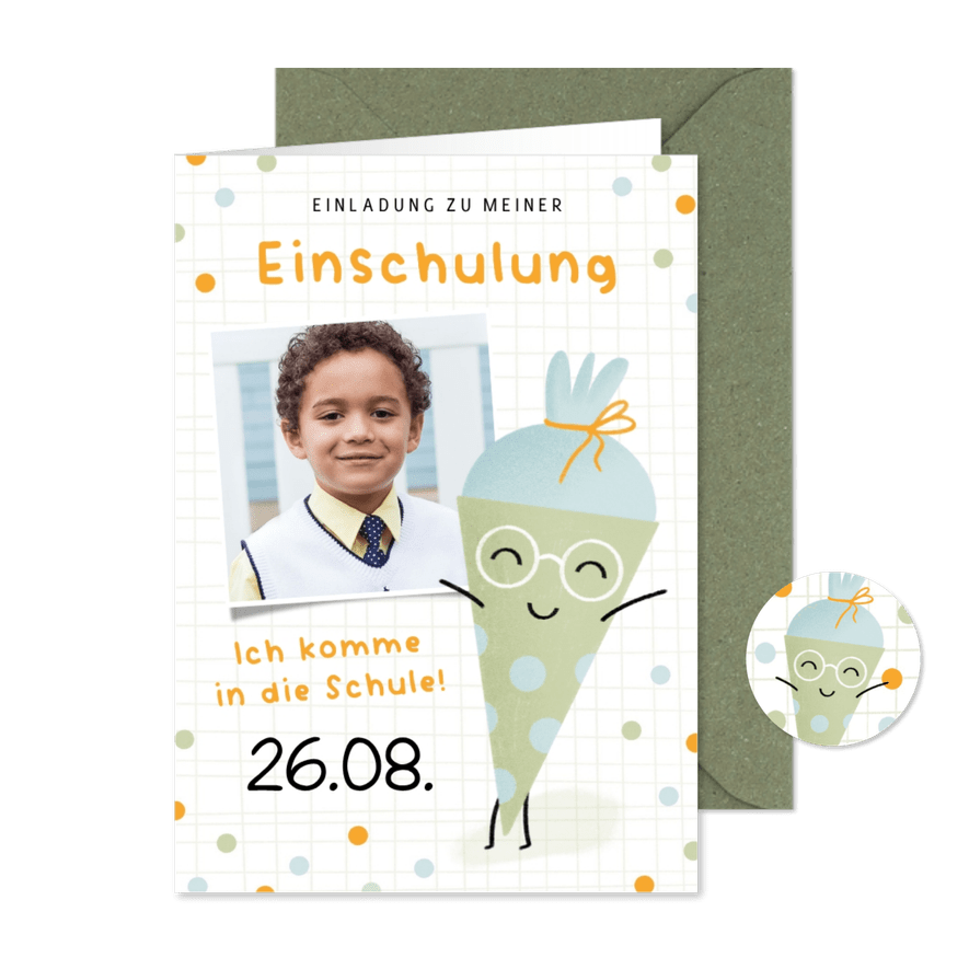 Einladung Einschulung lustige Schultüte grün - Kartenvorschau
