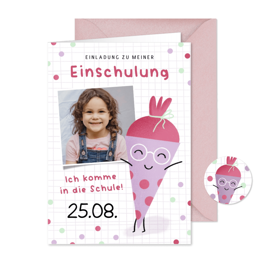 Einladung Einschulung lustige Schultüte lila - Karteneindruck