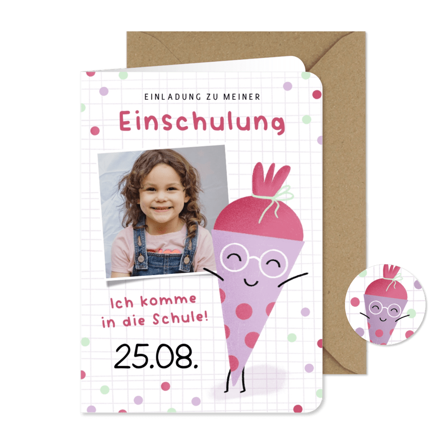 Einladung Einschulung lustige Schultüte lila - Karteneindruck
