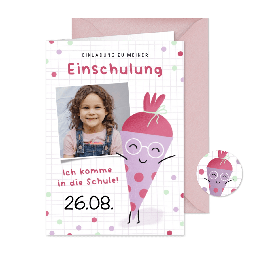 Einladung Einschulung lustige Schultüte lila - Karteneindruck
