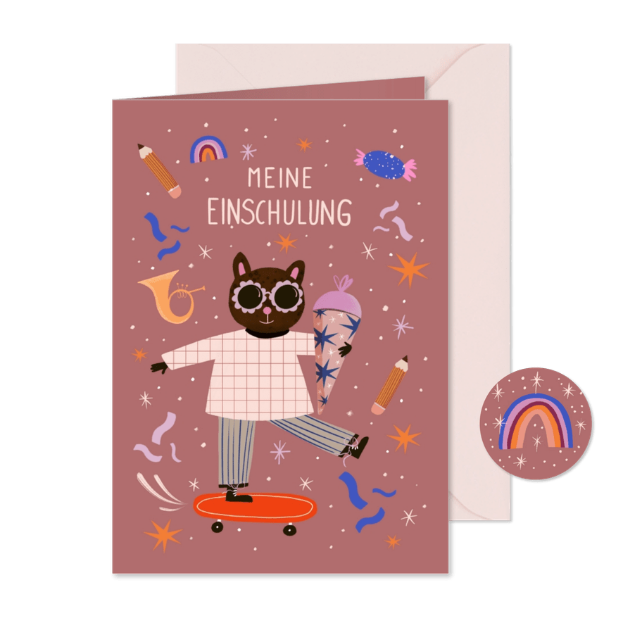 Einladung Einschulung mit Katze und Schultüte - Kartenvorschau
