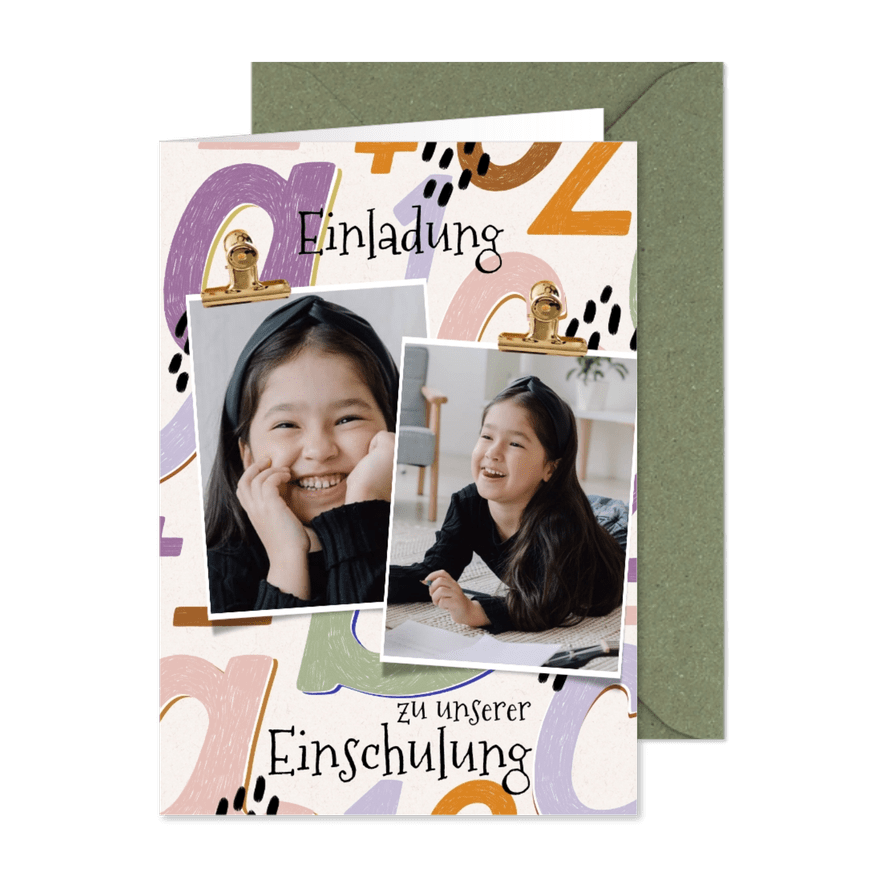 Einladung Einschulung orange-lila Zwilling Buchstaben  - Kartenvorschau
