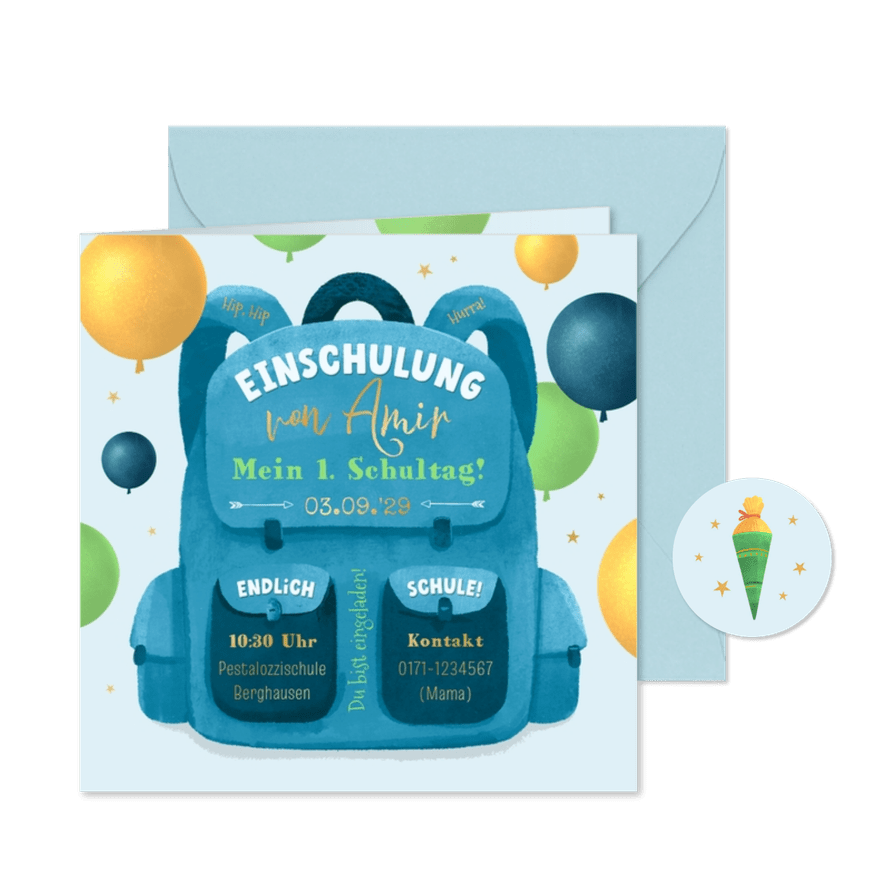 Einladung Einschulung Rucksack und Luftballons - Karteneindruck
