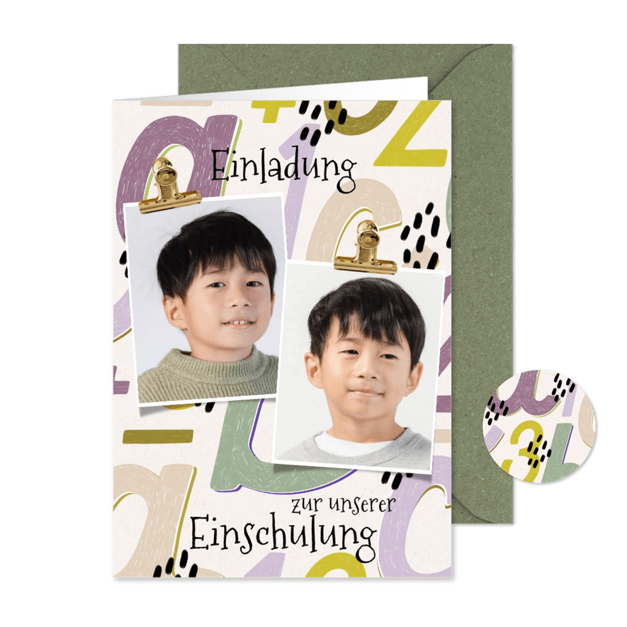 Einladung Einschulung Zwilling Buchstaben grün-lila - Karteneindruck
