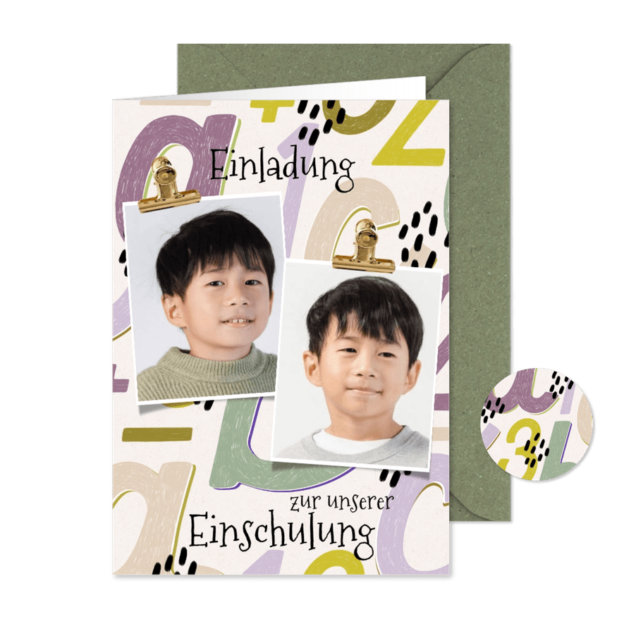 Einladung Einschulung Zwilling Buchstaben grün-lila - Karteneindruck