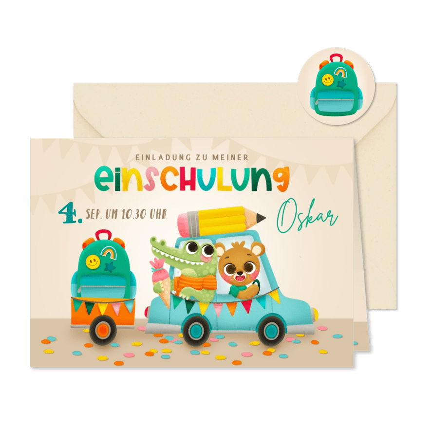 Einladung Einschulungsfeier Tiere im Auto - Karteneindruck
