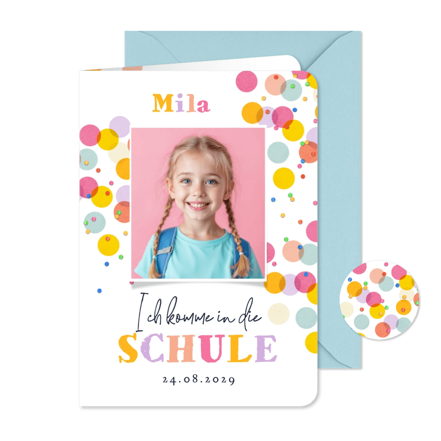 Einladung Einschulungstag Foto & bunte Konfetti - Karteneindruck

