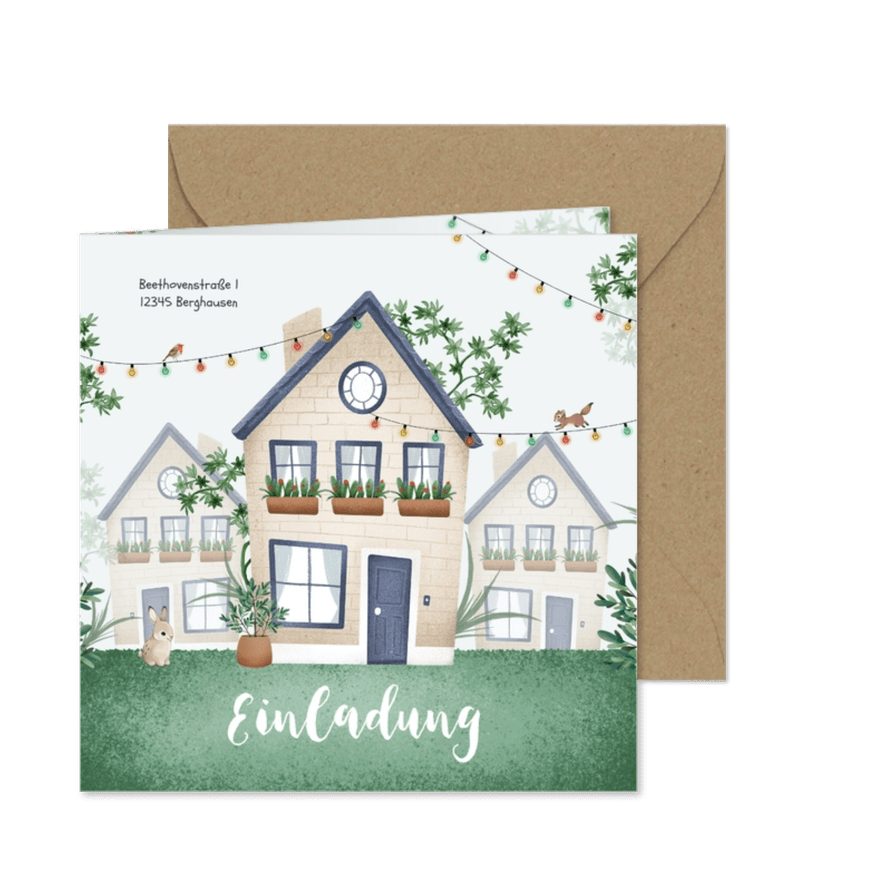 Einladung Einweihung Häuser, Pflanzen, Lichter & Tiere - Karteneindruck