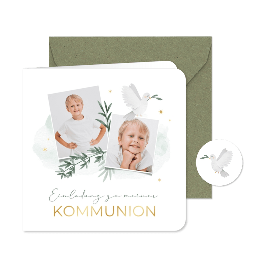 Einladung Erstkommunion Fotos, Zweige und Taube - Karteneindruck