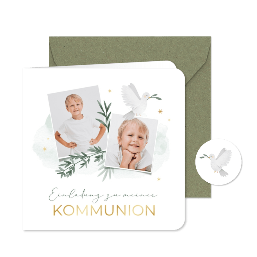 Einladung Erstkommunion Fotos, Zweige und Taube - Karteneindruck
