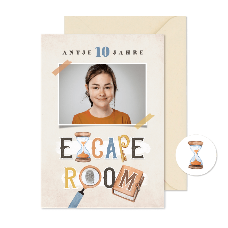 Einladung Escape Room 10. Kindergeburtstag - Karteneindruck
