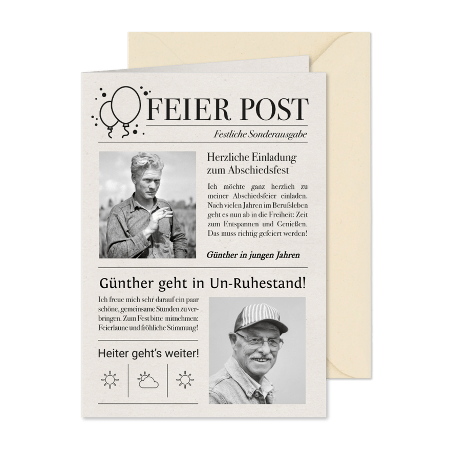 Einladung Feierpost Zeitung zur Rente - Kartenvorschau
