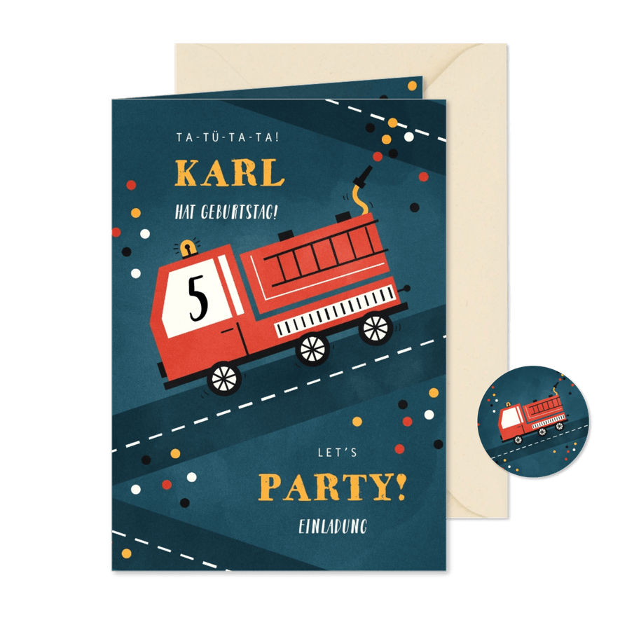 Einladung Feuerwehrauto Kindergeburtstag 5 Jahre - Karteneindruck