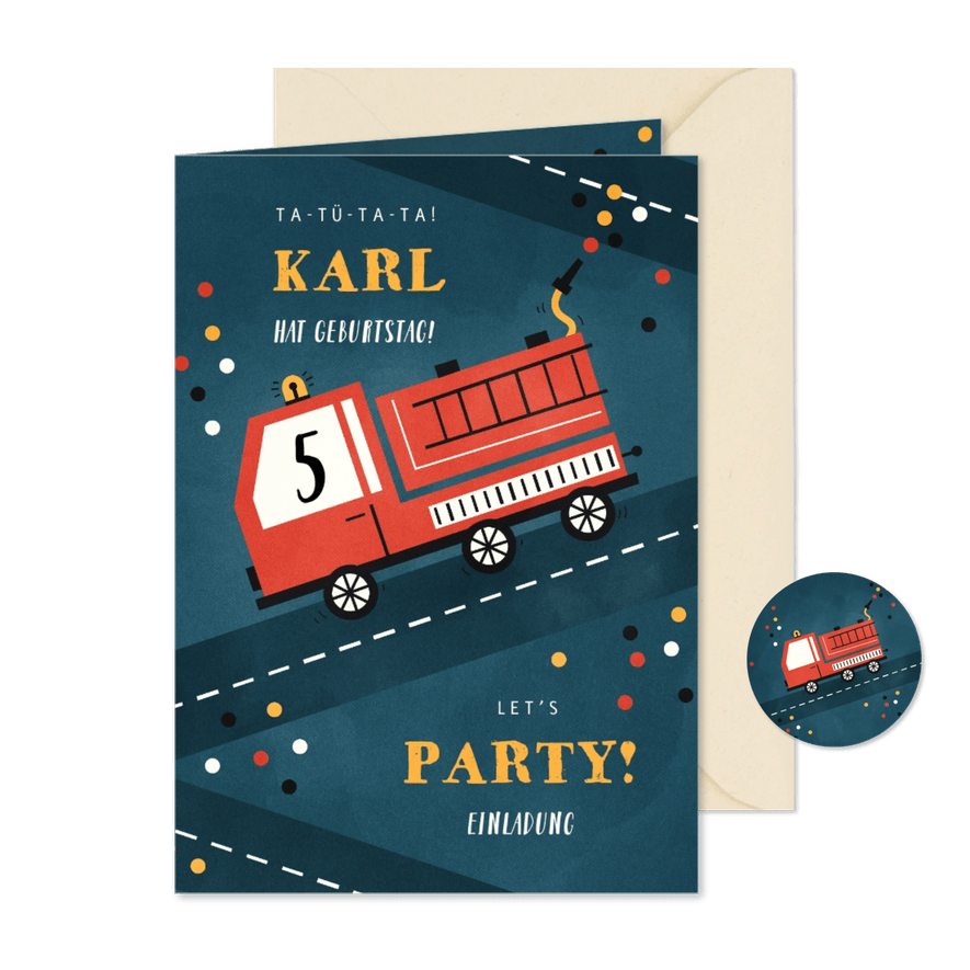 Einladung Feuerwehrauto Kindergeburtstag 5 Jahre - Karteneindruck