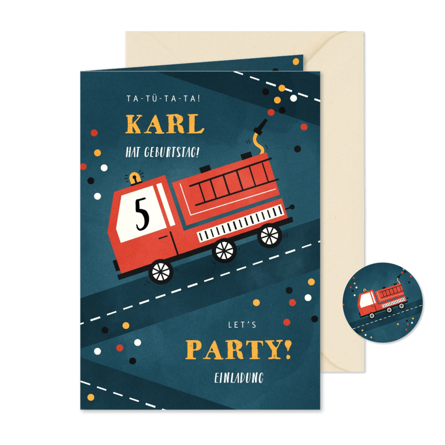 Einladung Feuerwehrauto Kindergeburtstag 5 Jahre - Karteneindruck