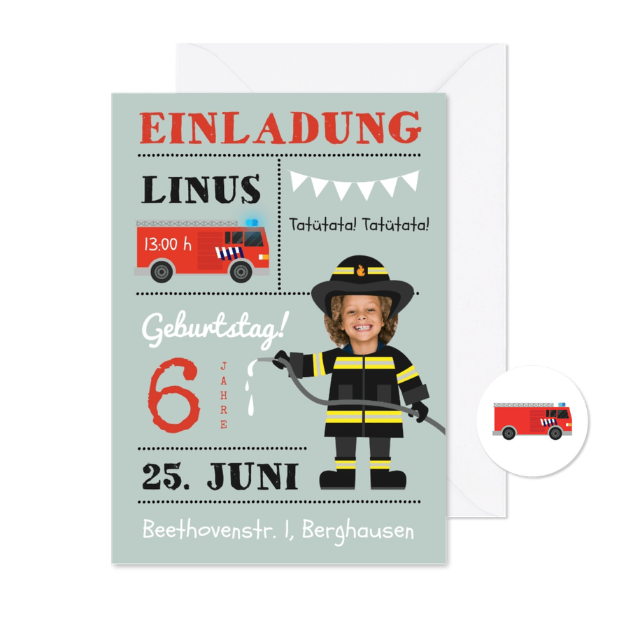 Einladung Feuerwehrmann Kindergeburtstag 6 Jahre - Karteneindruck

