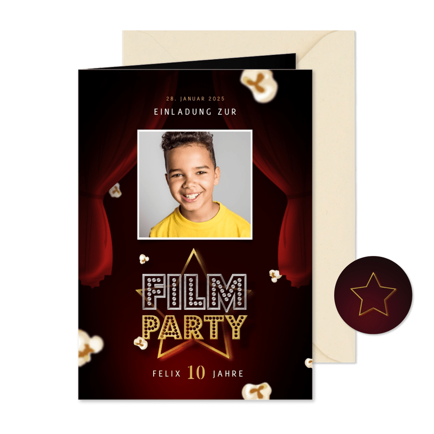 Einladung Filmparty 10. Kindergeburtstag mit Foto - Karteneindruck