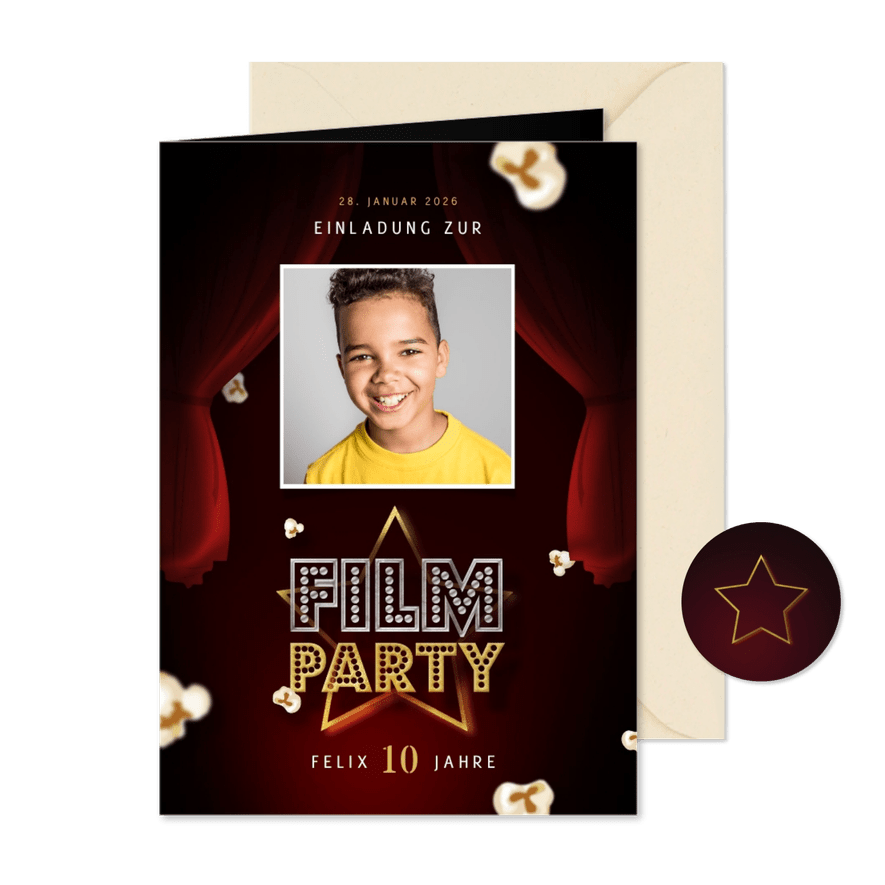 Einladung Filmparty 10. Kindergeburtstag mit Foto - Karteneindruck