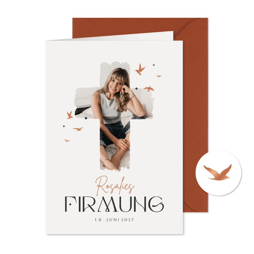 Einladung Firmung Foto, Kreuz und Vögel - Karteneindruck
