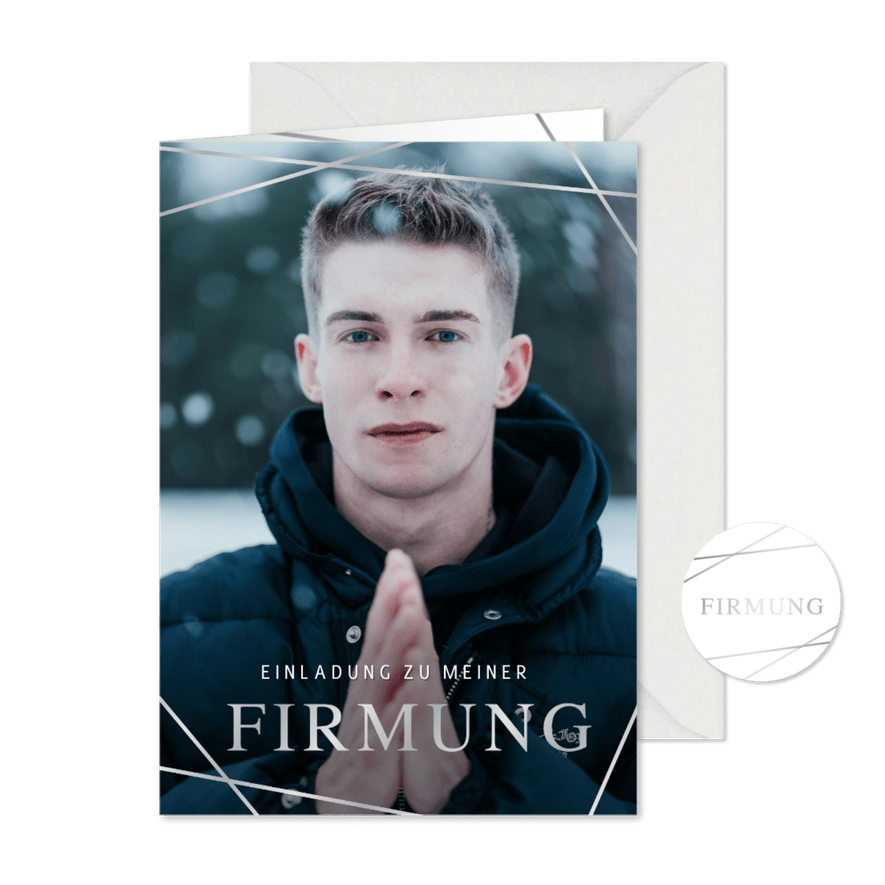 Einladung Firmung Foto mit grafischen Silberlinien - Karteneindruck

