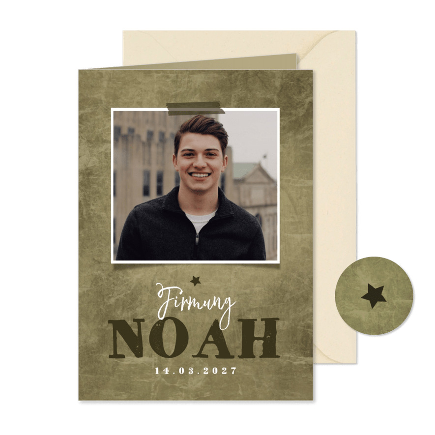 Einladung Firmung olivgrün mit Foto - Karteneindruck