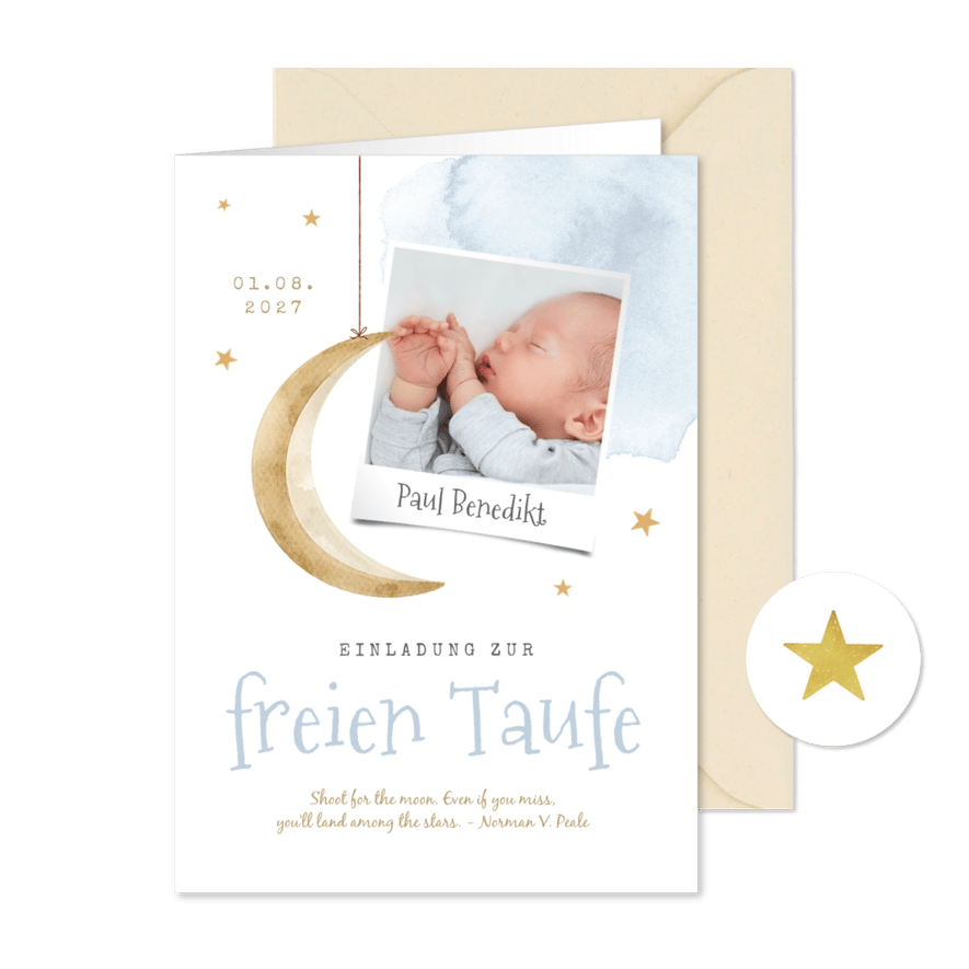 Einladung freie Taufe Aquarell, Foto & Mond - Karteneindruck