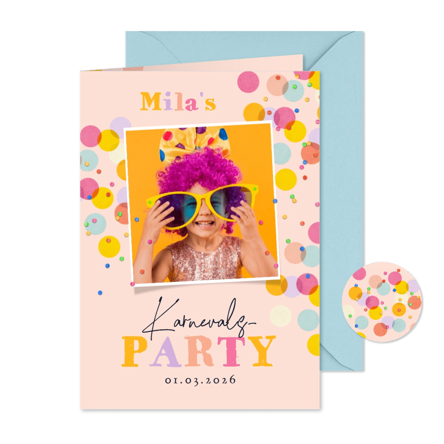 Einladung für Kinder zur Karnevalsparty Foto & Konfetti - Karteneindruck