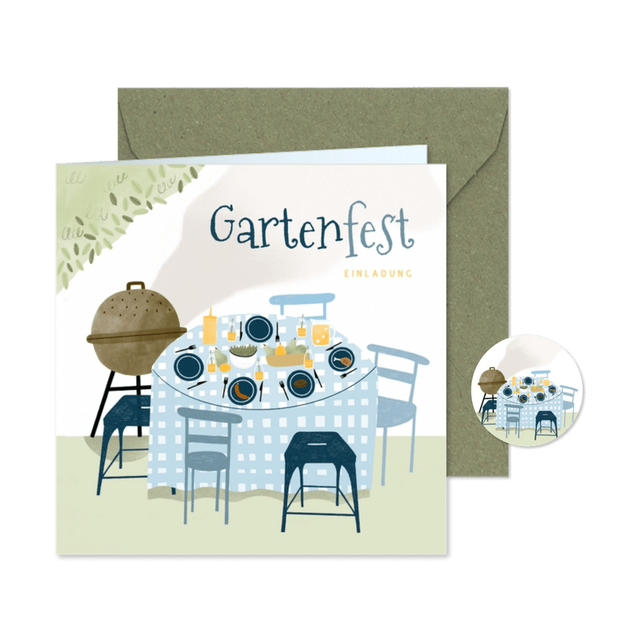 Einladung Gartenfest Tisch mit Grill - Karteneindruck
