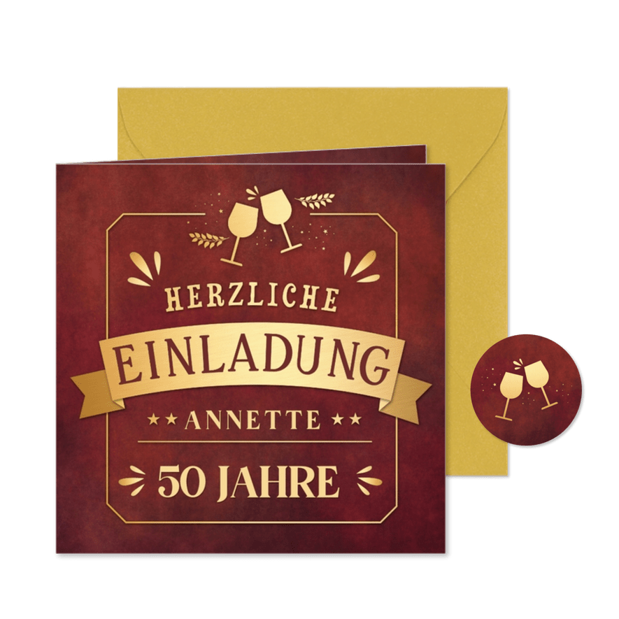 Einladung Geburtstag dunkelrot & Goldlook - Karteneindruck
