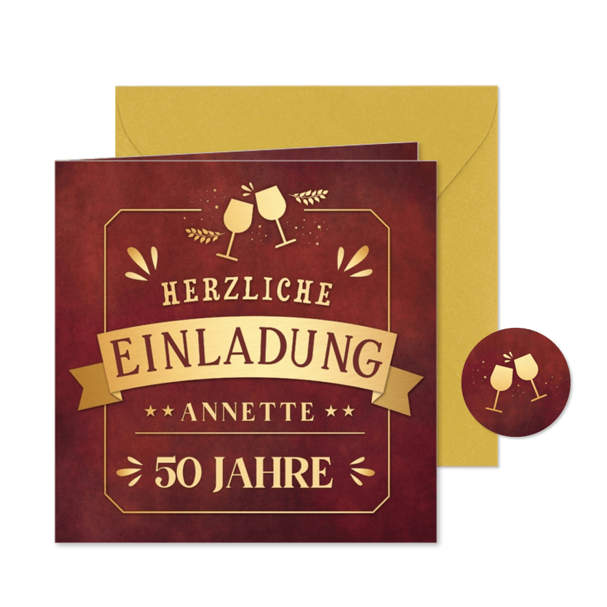 Einladung Geburtstag dunkelrot & Goldlook - Karteneindruck