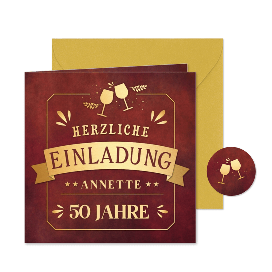 Einladung Geburtstag dunkelrot & Goldlook - Karteneindruck