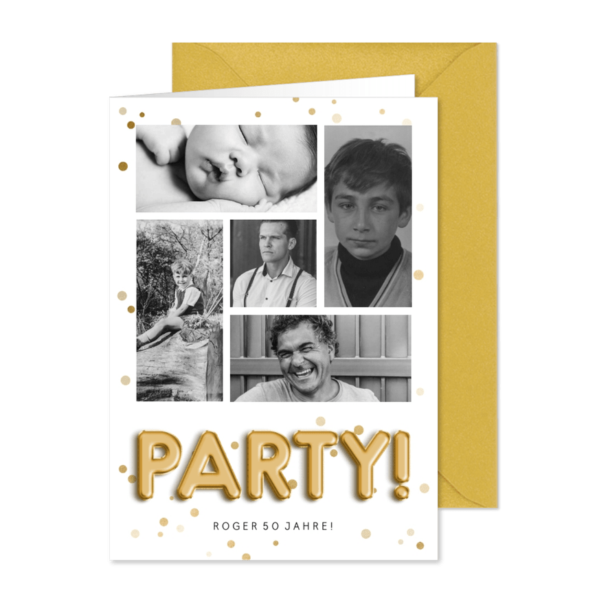 Einladung Geburtstag Fotocollage, Konfetti & Partyballons - Karteneindruck
