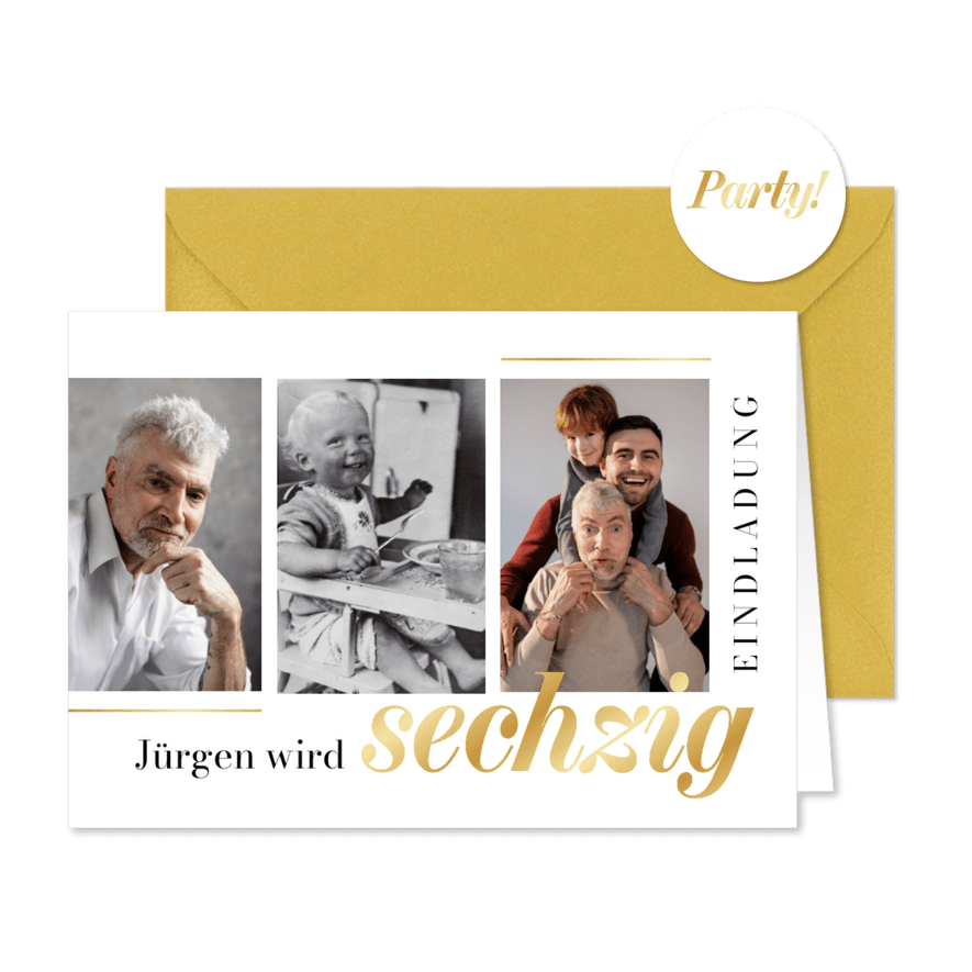 Einladung Geburtstag Fotoreihe Sechzig golden - Karteneindruck
