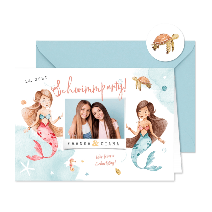 Einladung Geburtstag Geschwister mit Foto & Meerjungfrauen - Karteneindruck
