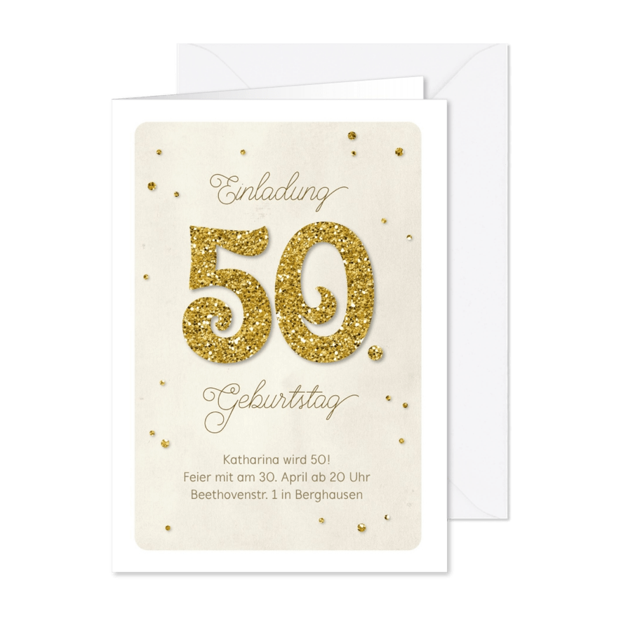 Einladung Geburtstag Glittergold 50 - Karteneindruck
